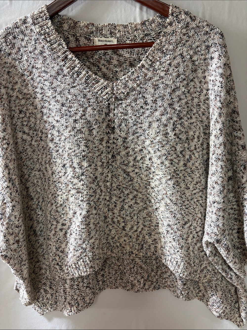 World Market Cream and Brown Speckled V-Neck Sweater